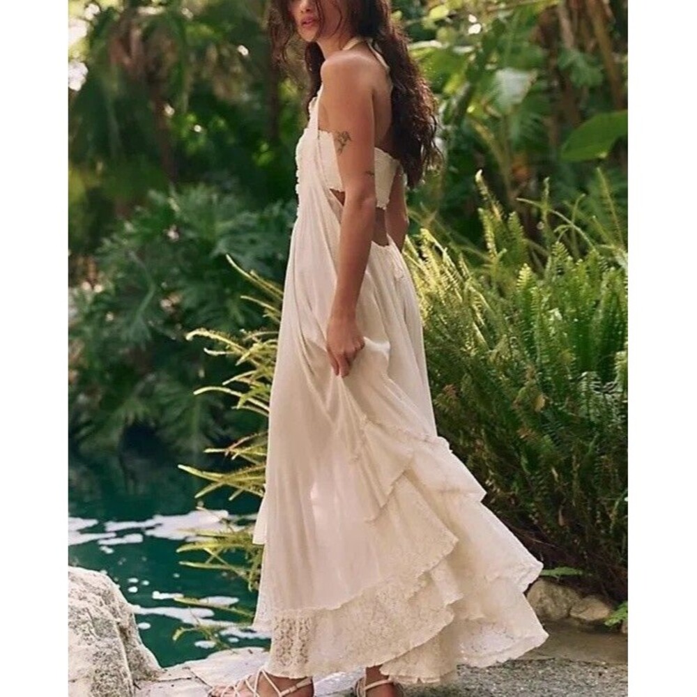 Free People Free-Est Kauri Maxi Dress Gauze Smocked Halter Tiered Lace S 287751 - Picture 4 of 9